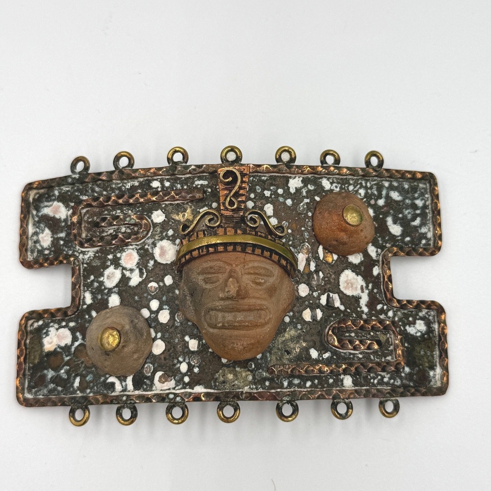 Vintage Maya Mexico Brutalist Mixed Metal Belt Buckle Clay Mask Enamel Folk‎ Art